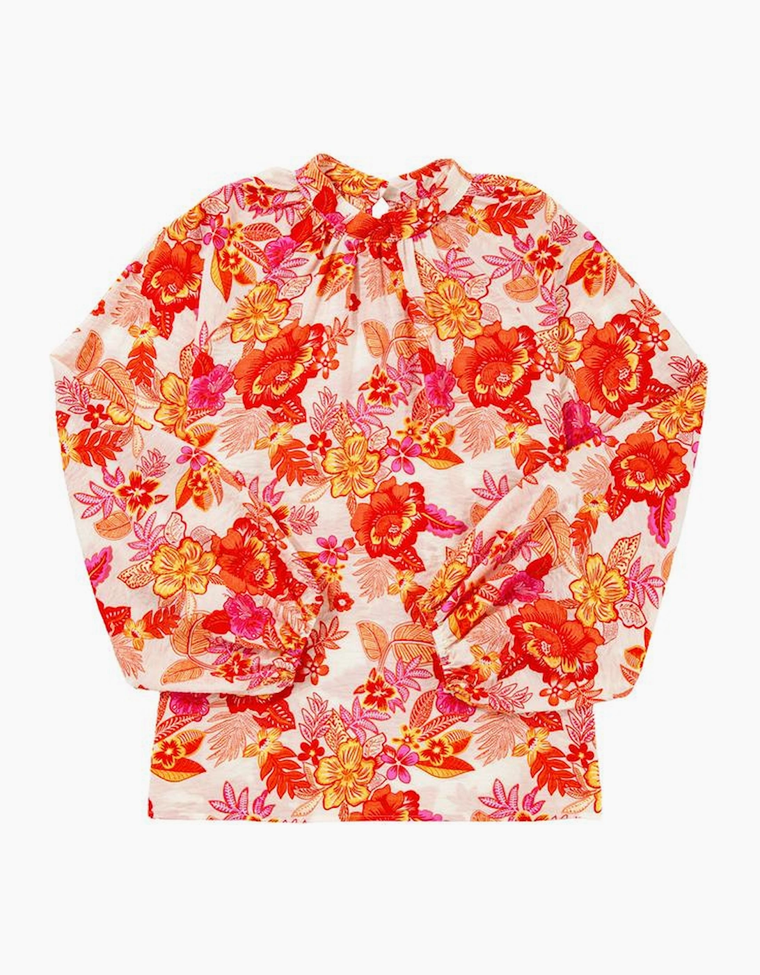 Orange Floral Print Pearl Button Keyhole Long Puff Sleeve Blouse