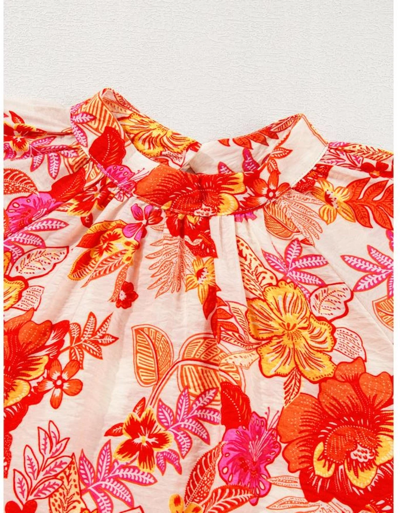 Orange Floral Print Pearl Button Keyhole Long Puff Sleeve Blouse