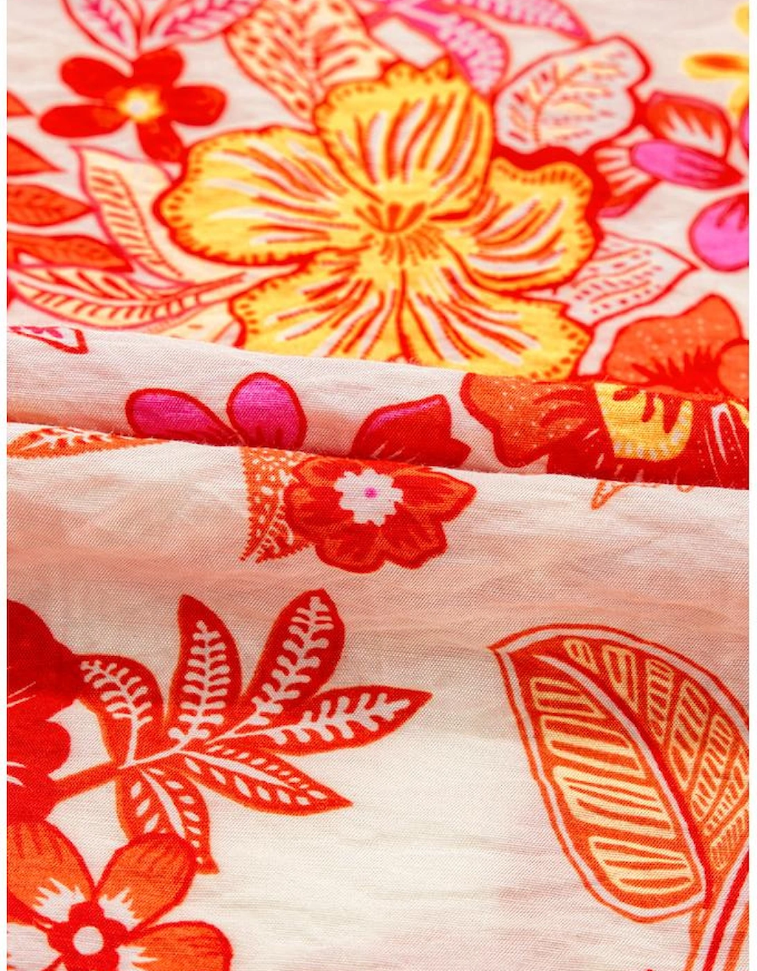 Orange Floral Print Pearl Button Keyhole Long Puff Sleeve Blouse