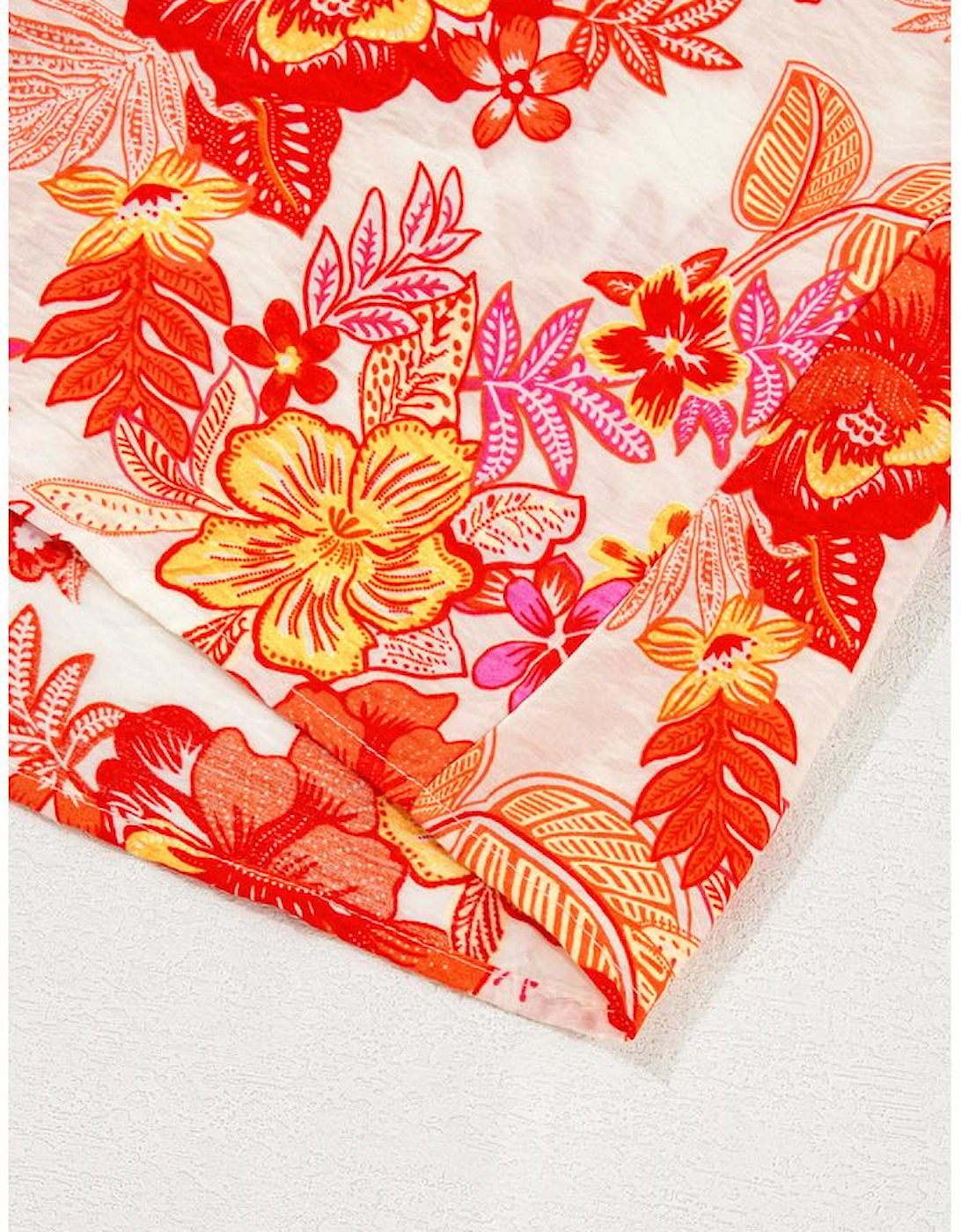 Orange Floral Print Pearl Button Keyhole Long Puff Sleeve Blouse