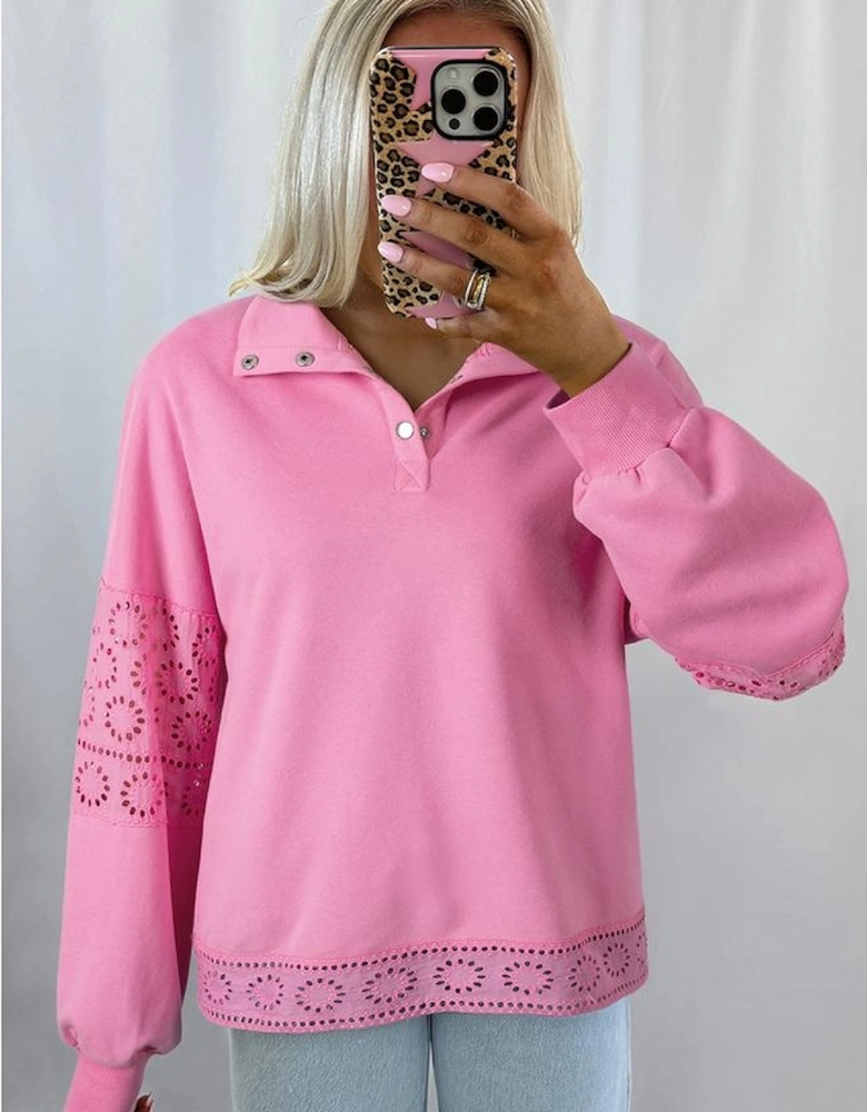Bonbon Embroidered Flower Patchwork Snap Buttons Pullover Sweatshirt
