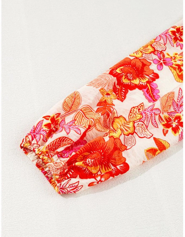 Orange Floral Print Pearl Button Keyhole Long Puff Sleeve Blouse