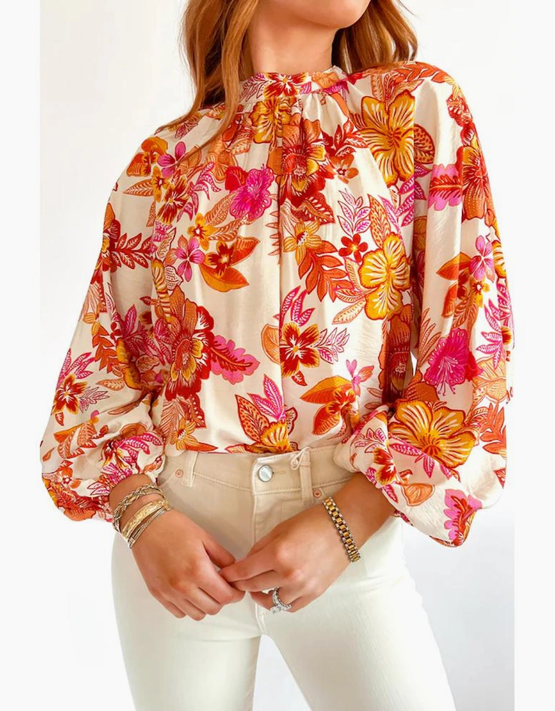 Orange Floral Print Pearl Button Keyhole Long Puff Sleeve Blouse