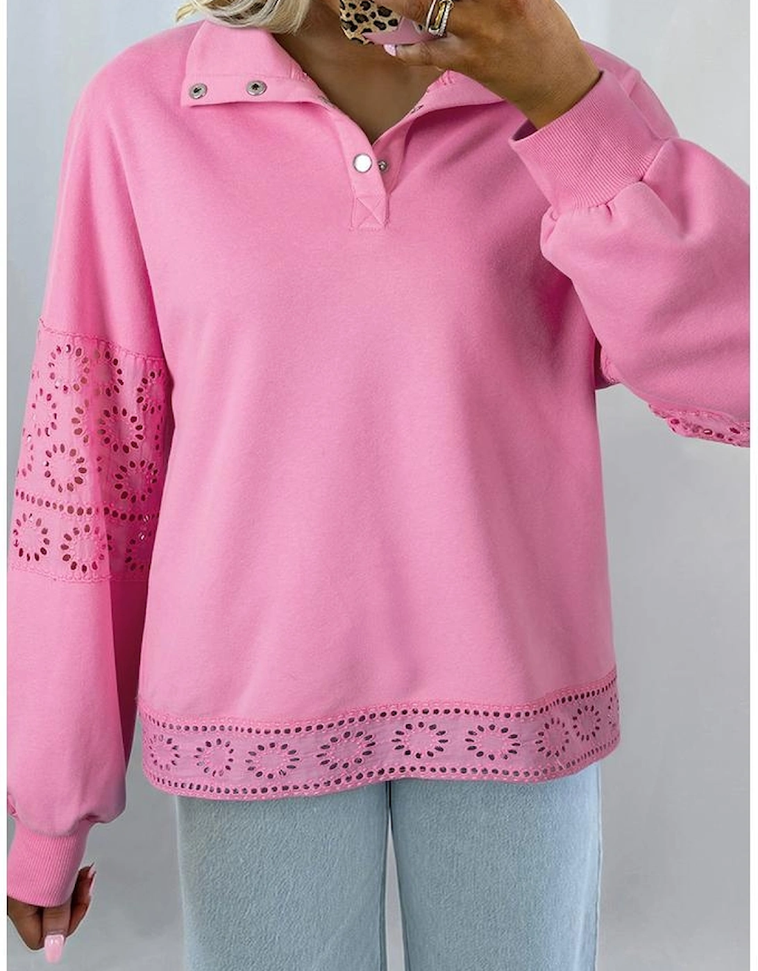 Bonbon Embroidered Flower Patchwork Snap Buttons Pullover Sweatshirt