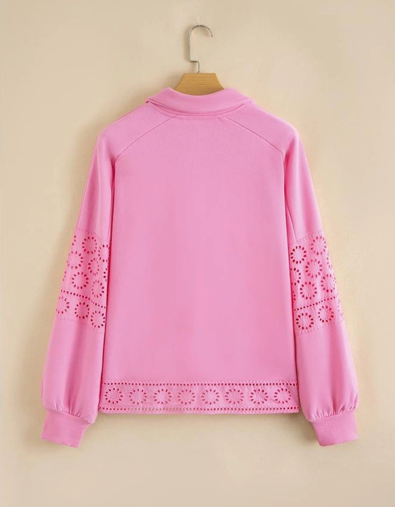 Bonbon Embroidered Flower Patchwork Snap Buttons Pullover Sweatshirt
