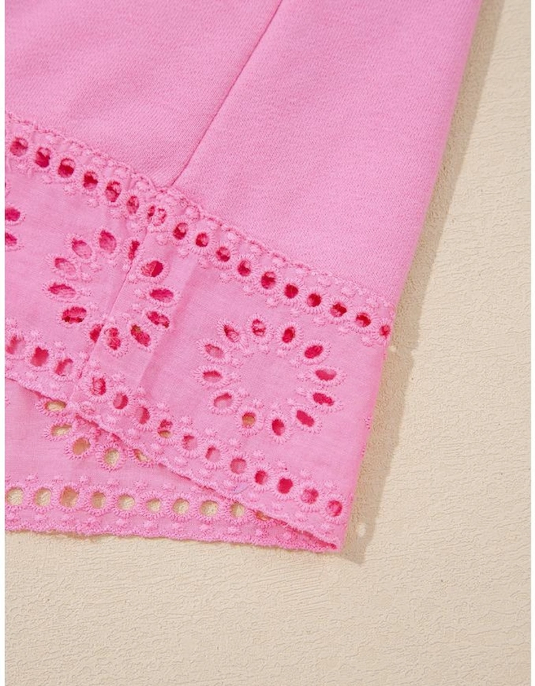 Bonbon Embroidered Flower Patchwork Snap Buttons Pullover Sweatshirt