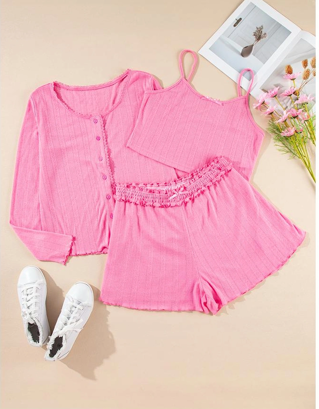 Bonbon Delicate Texture Cropped Cami Shorts and Cardigan 3pcs Lounge Set
