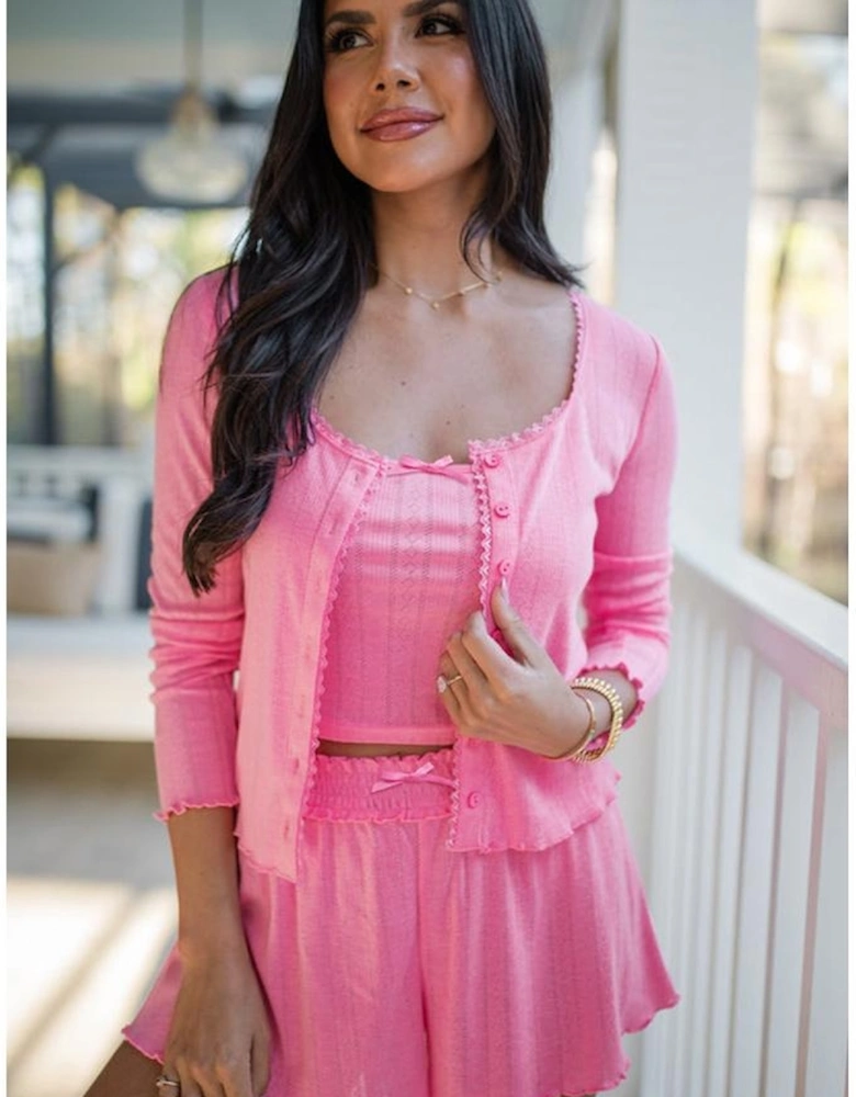 Bonbon Delicate Texture Cropped Cami Shorts and Cardigan 3pcs Lounge Set