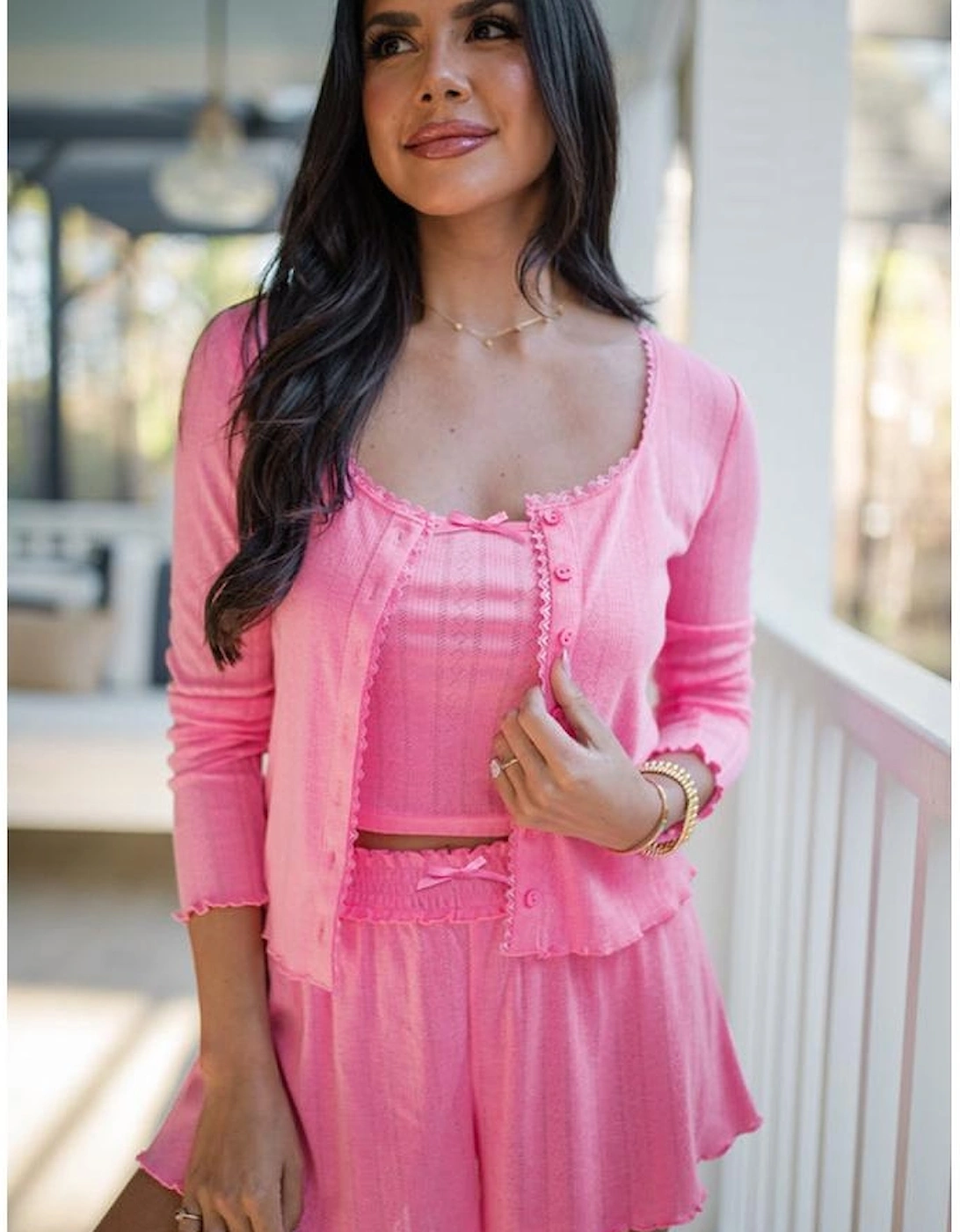 Bonbon Delicate Texture Cropped Cami Shorts and Cardigan 3pcs Lounge Set