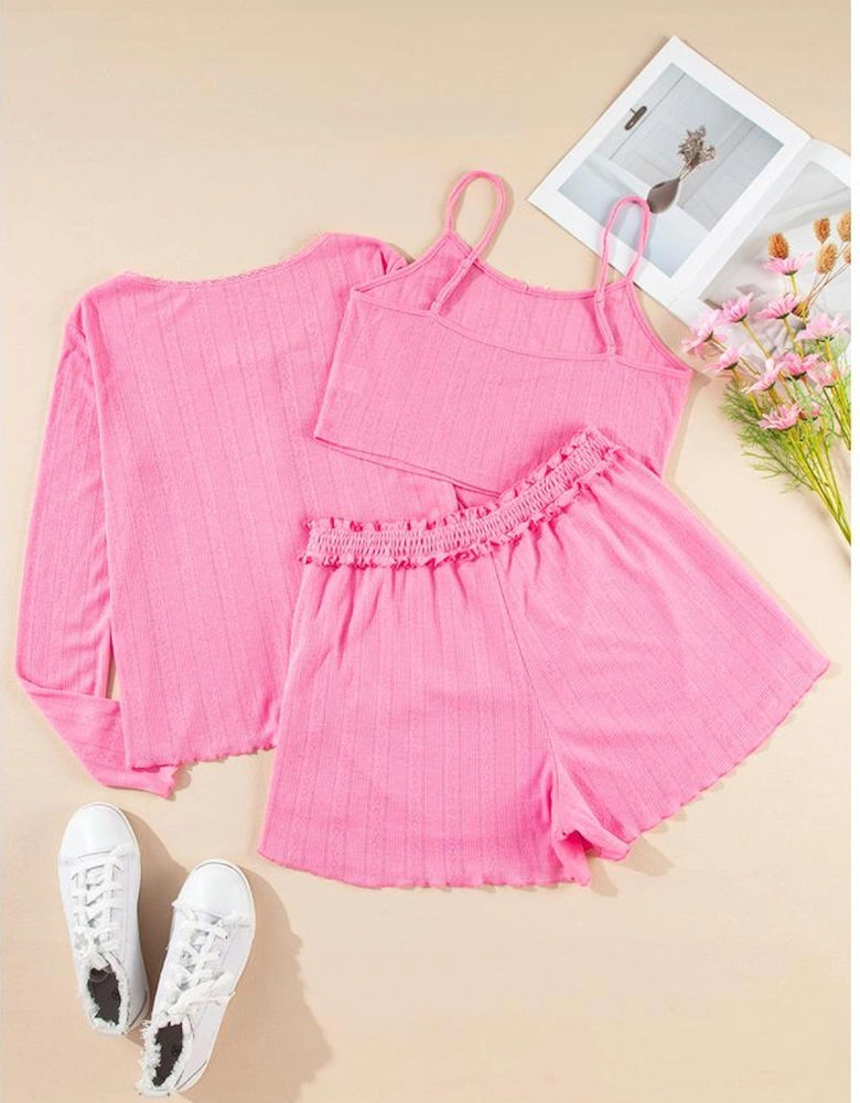 Bonbon Delicate Texture Cropped Cami Shorts and Cardigan 3pcs Lounge Set