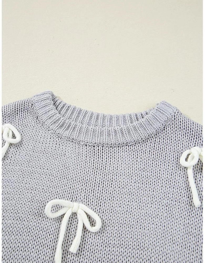 Light Grey Bowknot Applique Cap Sleeve Sweater