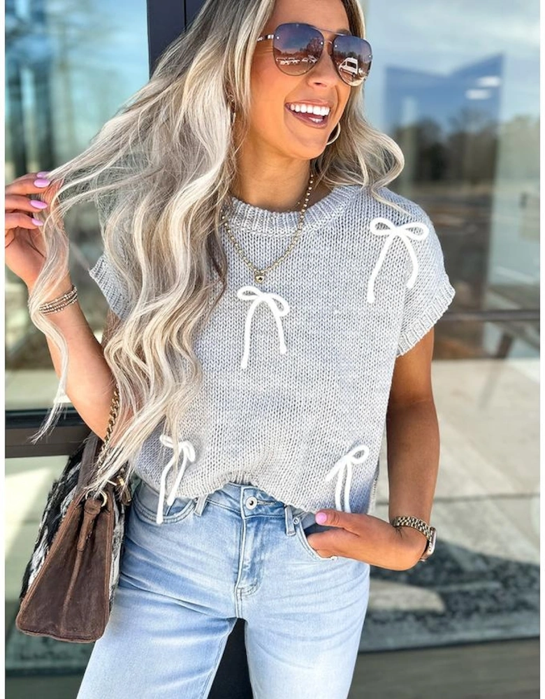 Light Grey Bowknot Applique Cap Sleeve Sweater