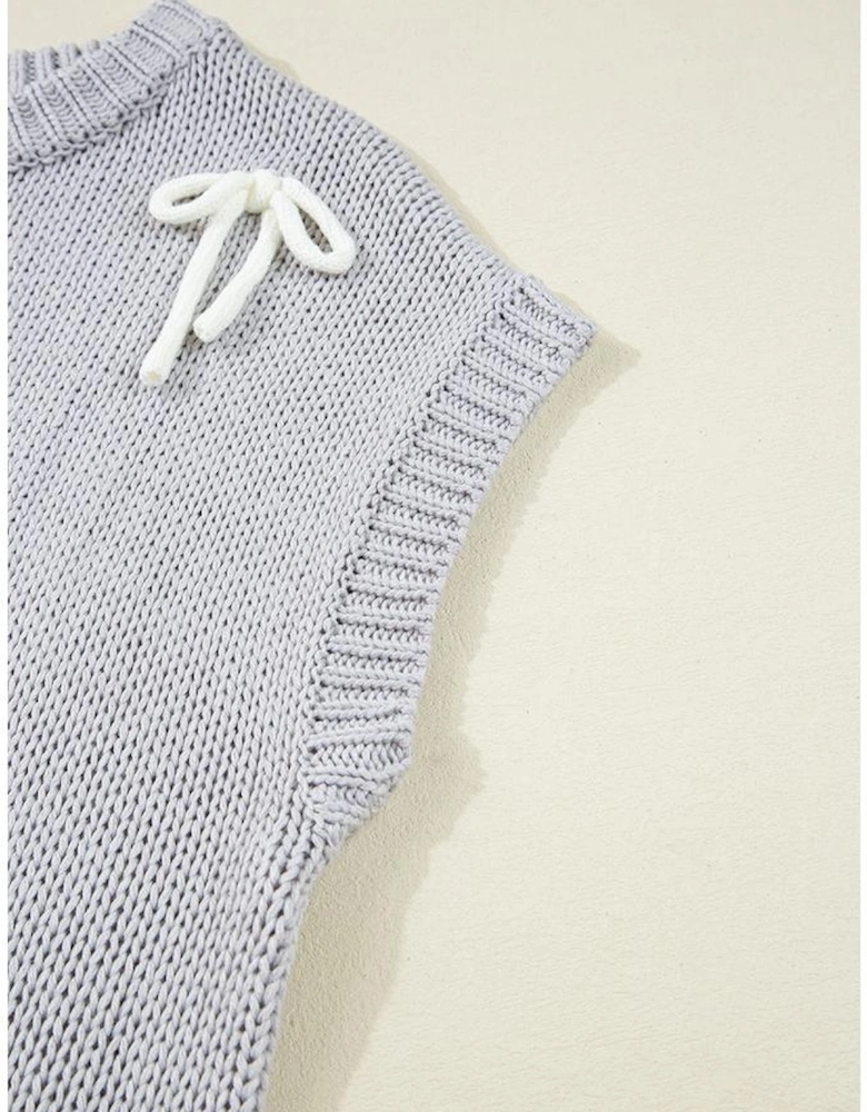 Light Grey Bowknot Applique Cap Sleeve Sweater