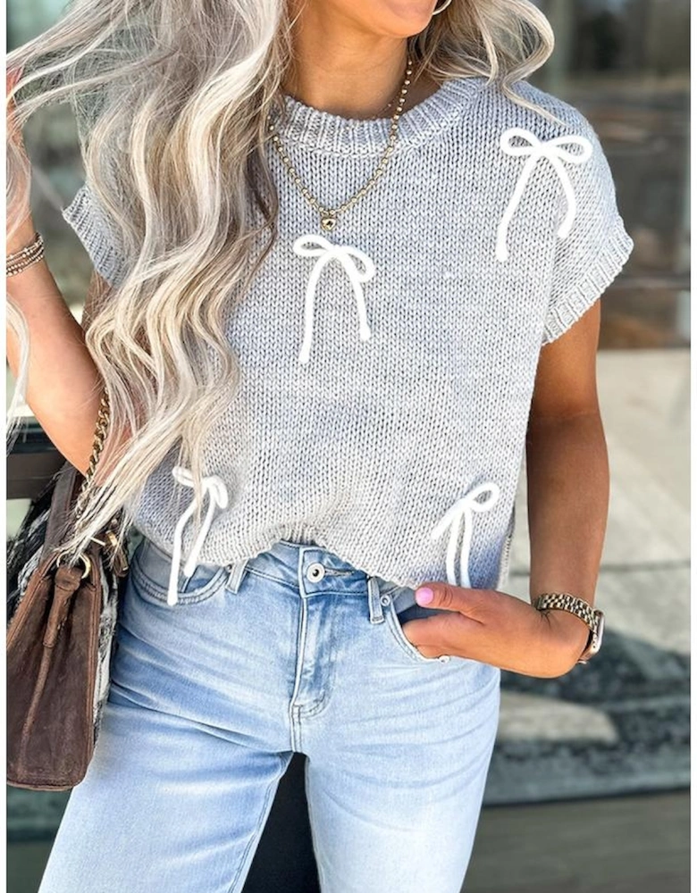 Light Grey Bowknot Applique Cap Sleeve Sweater