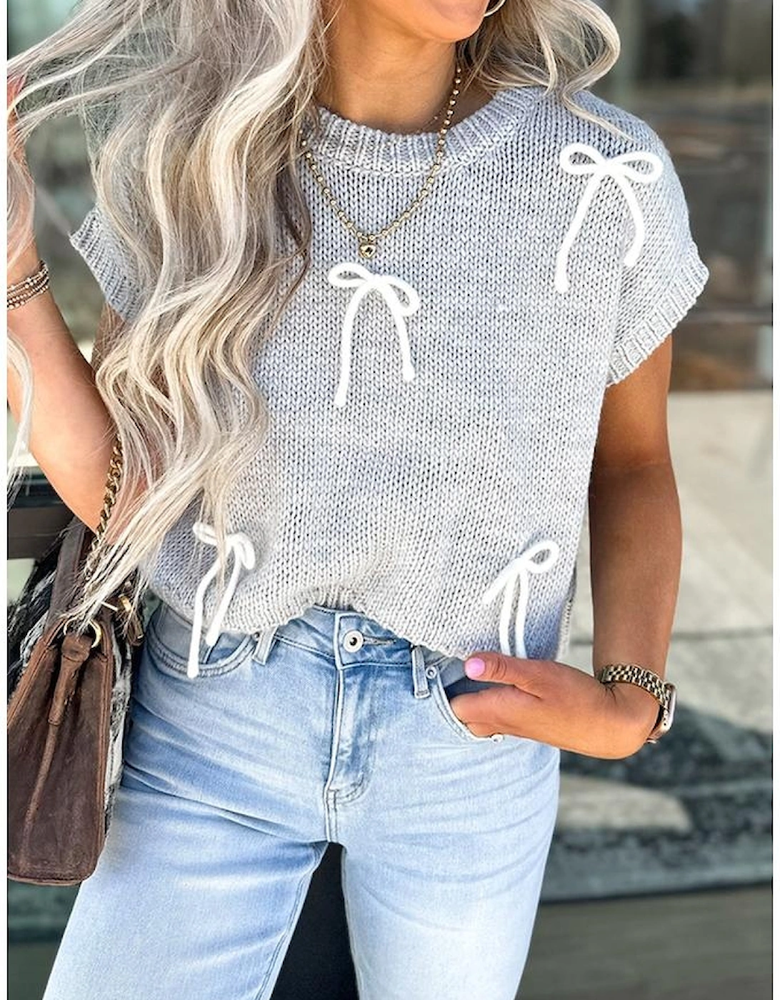 Light Grey Bowknot Applique Cap Sleeve Sweater