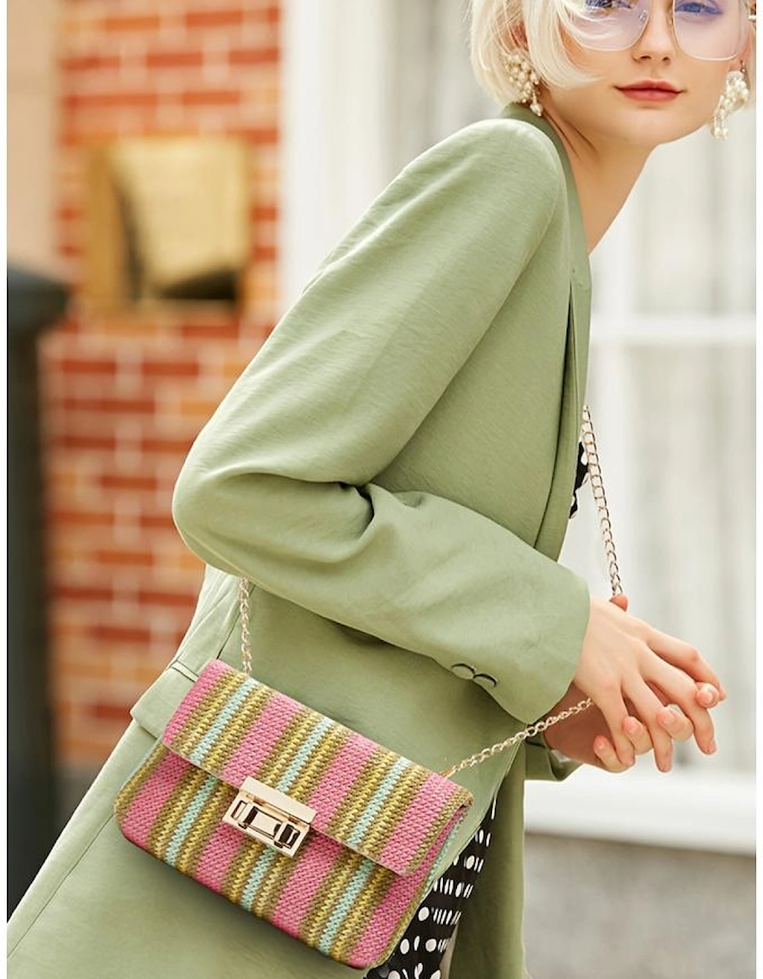 Pink Stripe Woven Flap Chain Strap Shoulder Bag