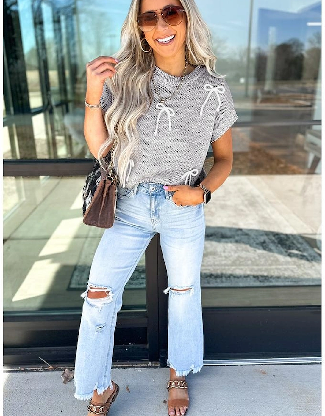 Light Grey Bowknot Applique Cap Sleeve Sweater