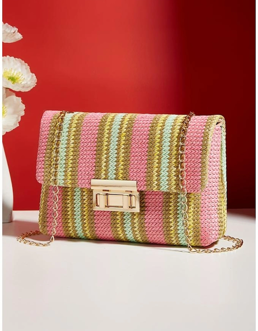 Pink Stripe Woven Flap Chain Strap Shoulder Bag