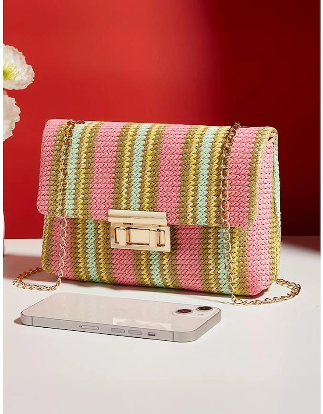 Pink Stripe Woven Flap Chain Strap Shoulder Bag