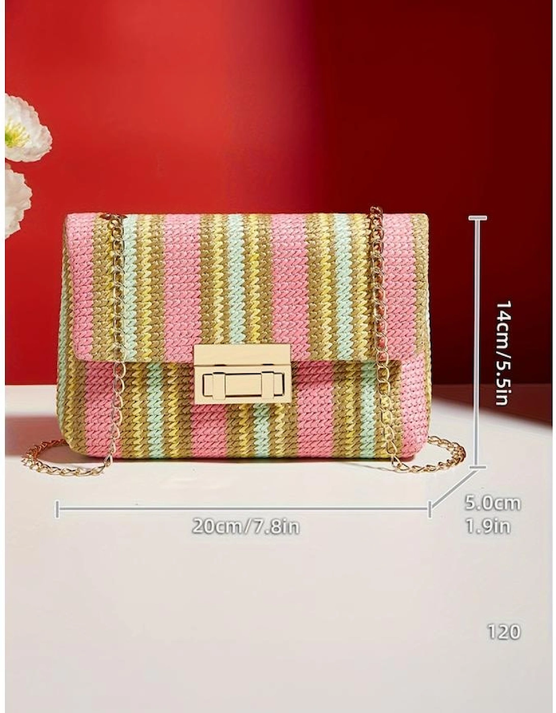 Pink Stripe Woven Flap Chain Strap Shoulder Bag