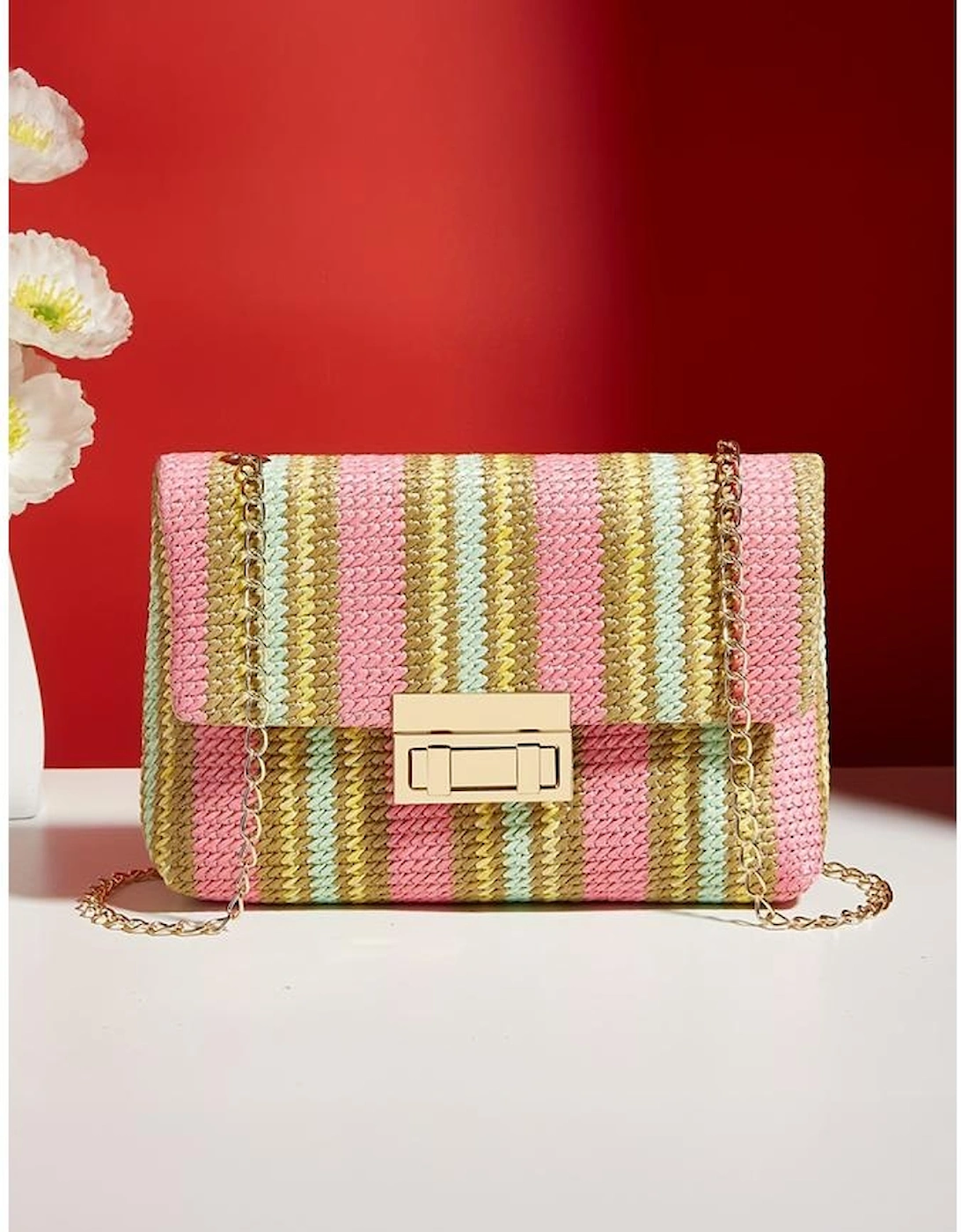 Pink Stripe Woven Flap Chain Strap Shoulder Bag