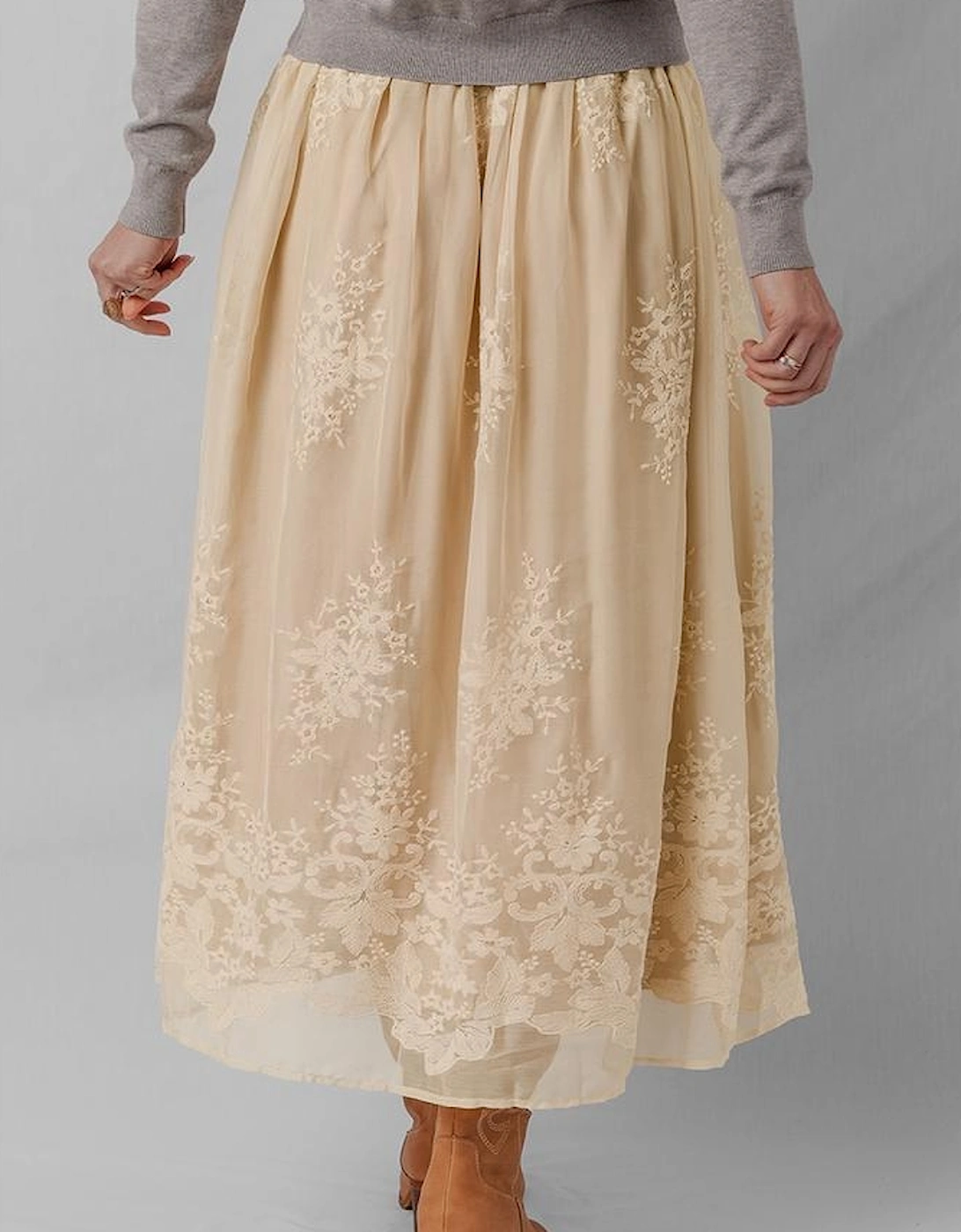 Oatmeal Embroidered Mesh Overlay Flowy Long Skirt, 9 of 8
