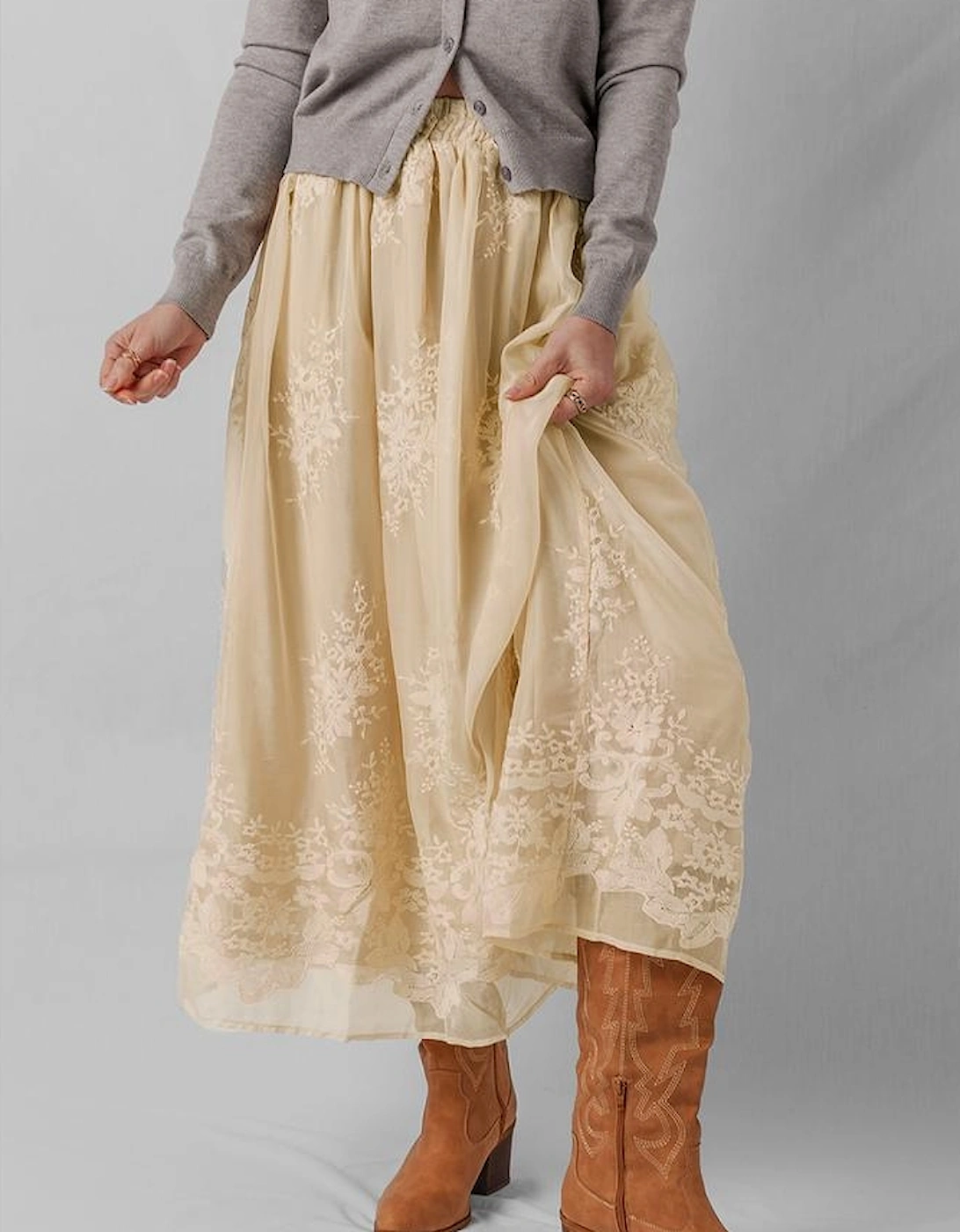 Oatmeal Embroidered Mesh Overlay Flowy Long Skirt