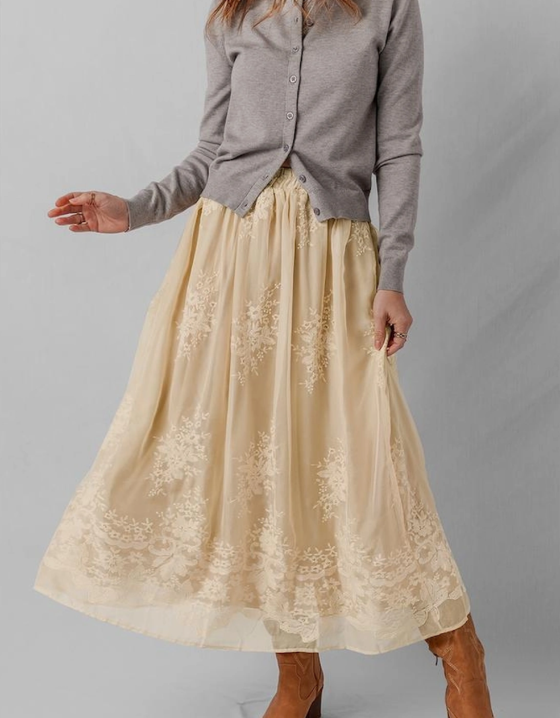 Oatmeal Embroidered Mesh Overlay Flowy Long Skirt