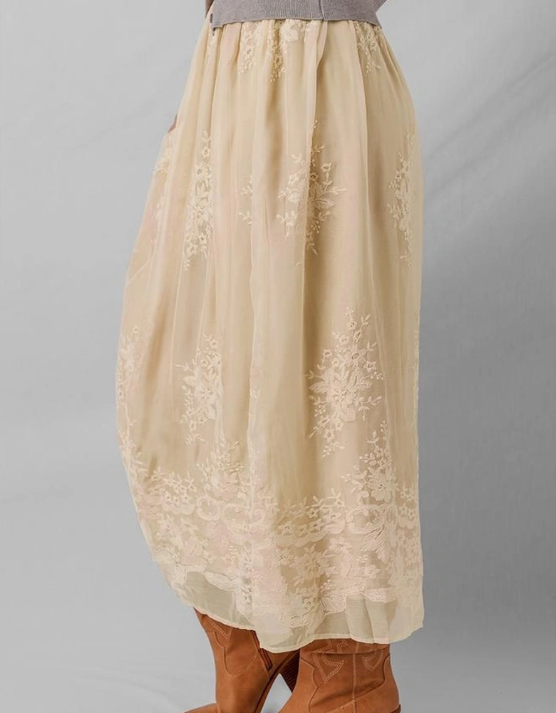 Oatmeal Embroidered Mesh Overlay Flowy Long Skirt