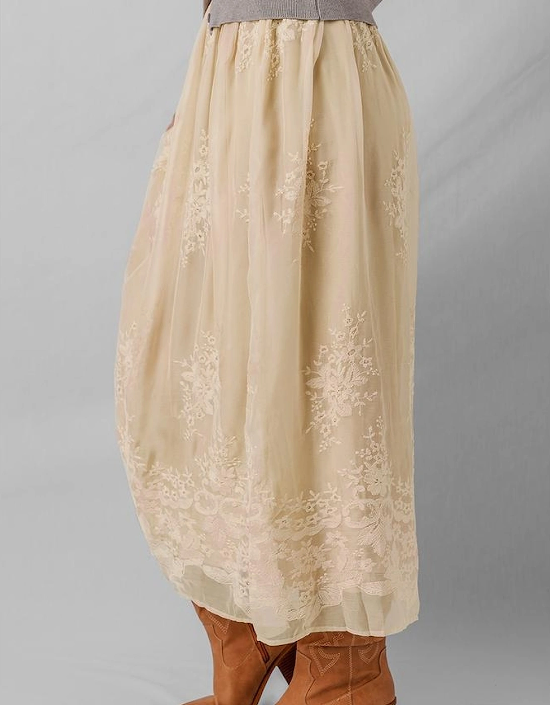Oatmeal Embroidered Mesh Overlay Flowy Long Skirt