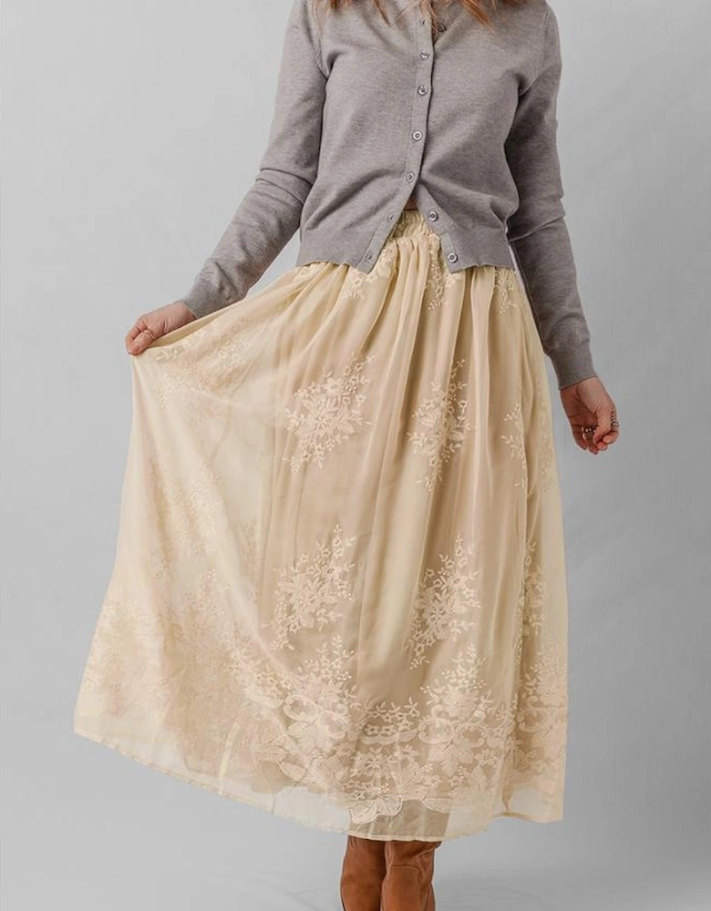 Oatmeal Embroidered Mesh Overlay Flowy Long Skirt