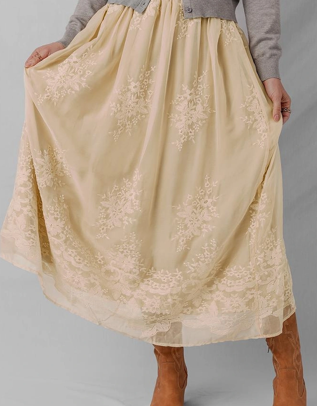 Oatmeal Embroidered Mesh Overlay Flowy Long Skirt
