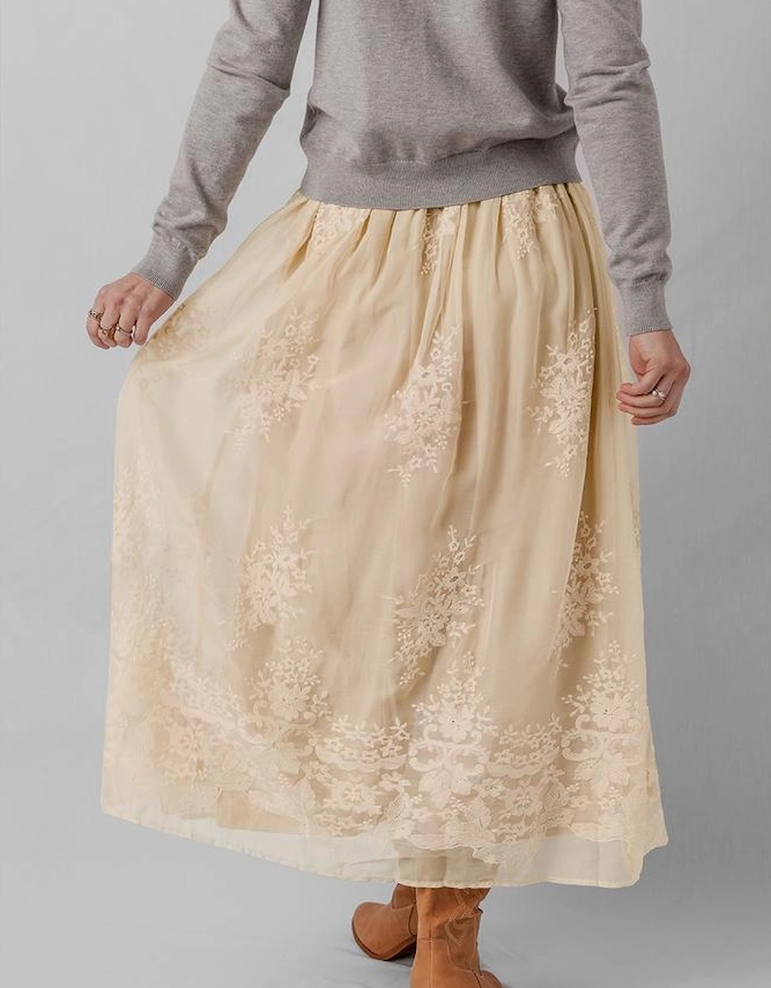 Oatmeal Embroidered Mesh Overlay Flowy Long Skirt