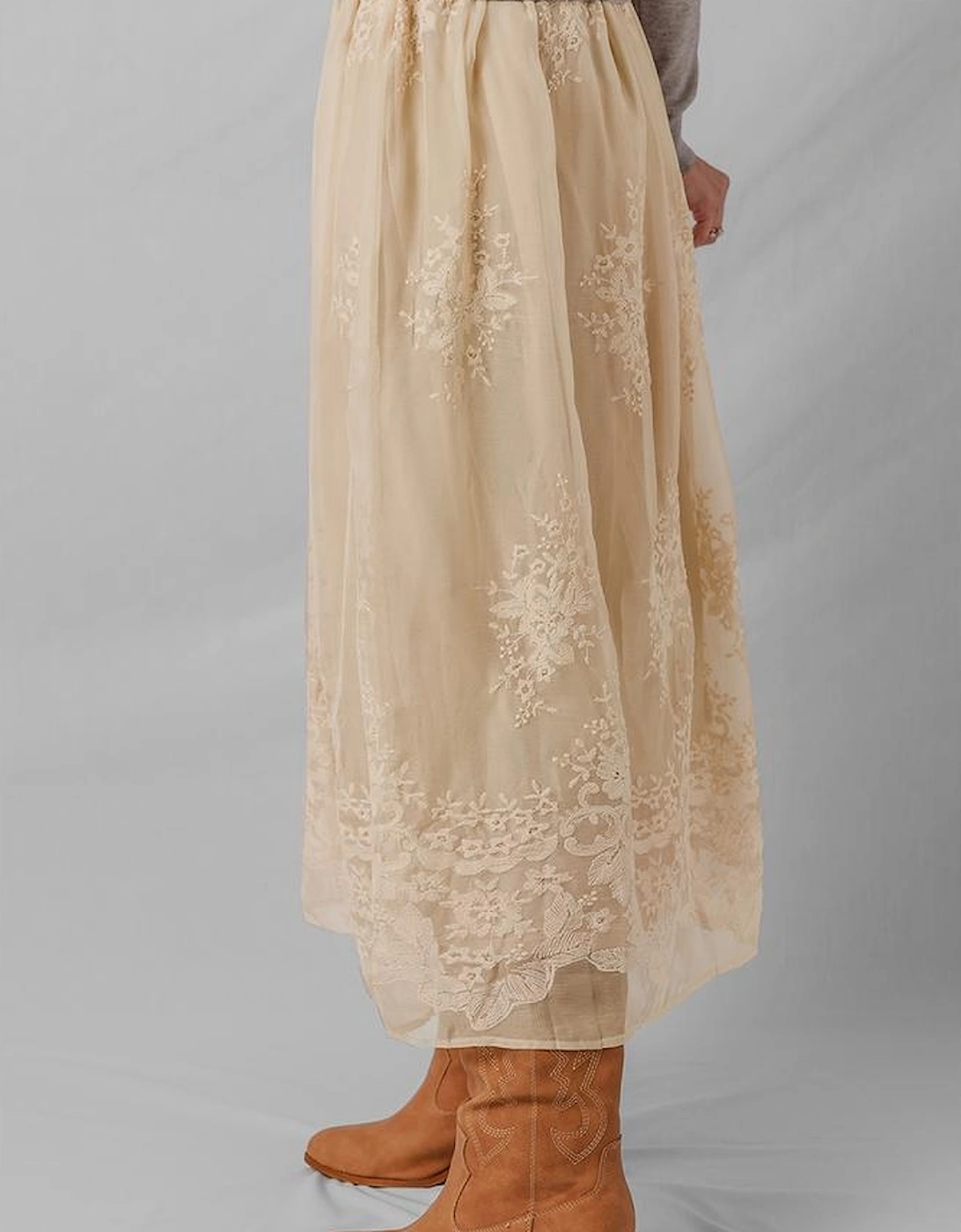 Oatmeal Embroidered Mesh Overlay Flowy Long Skirt
