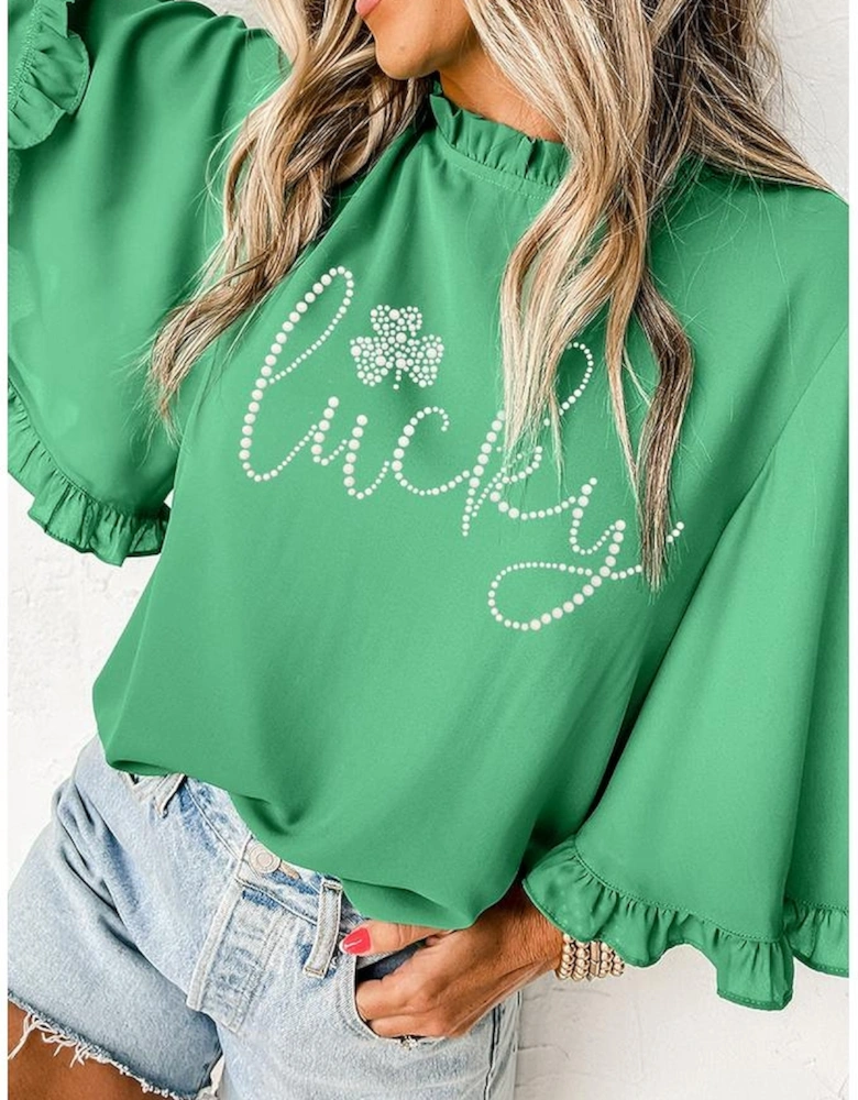 Green Ceramic Rhinstone lucky Clover Graphic Frilled Bell Sleeve Blouse