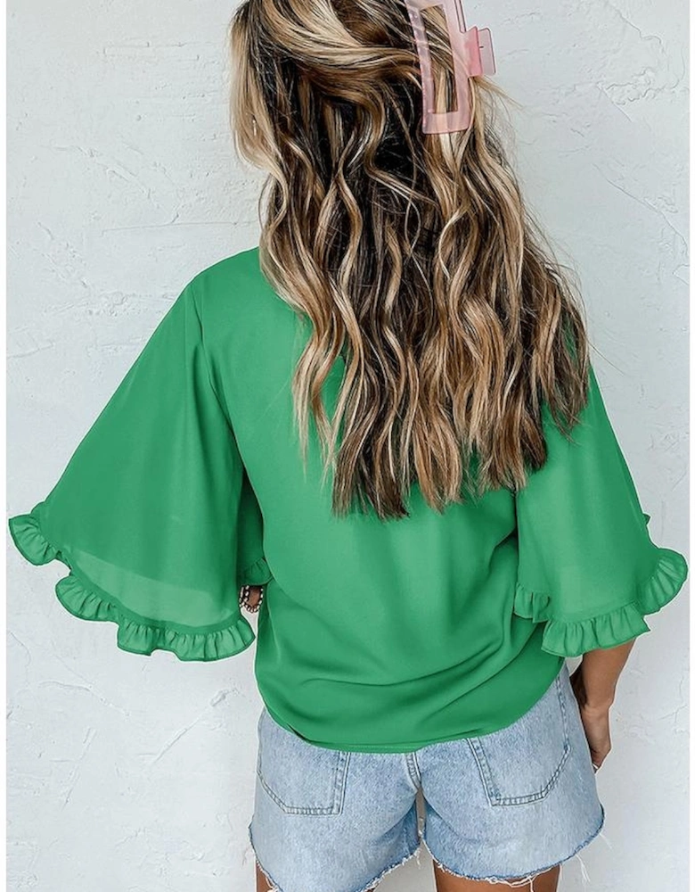 Green Frilly Round Neck Wide Half Sleeve Blouse