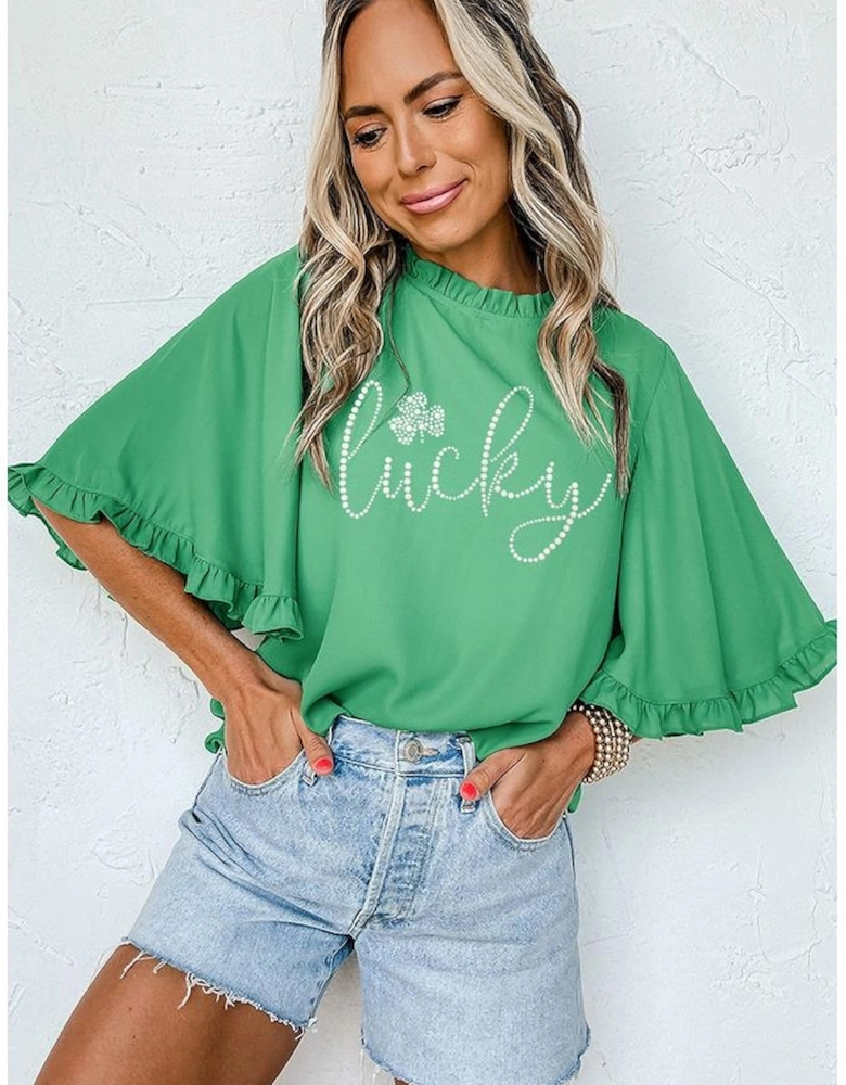 Green Ceramic Rhinstone lucky Clover Graphic Frilled Bell Sleeve Blouse