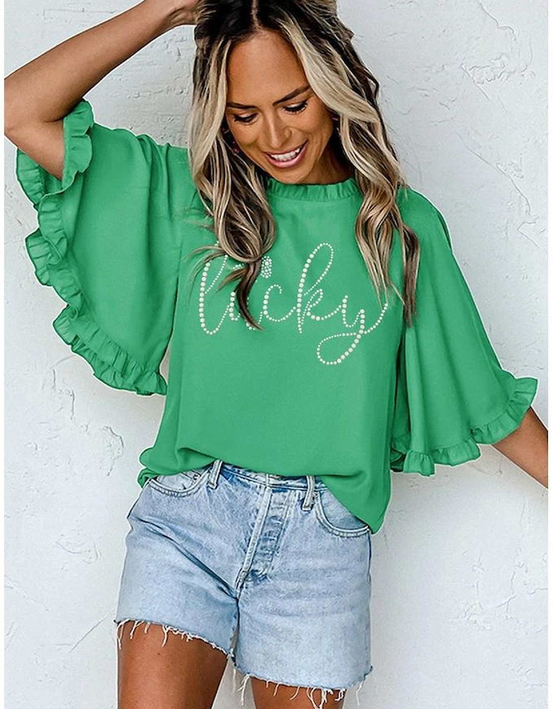 Green Ceramic Rhinstone lucky Clover Graphic Frilled Bell Sleeve Blouse
