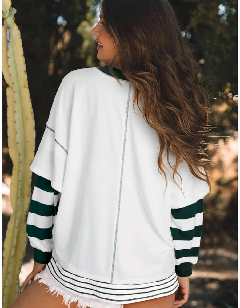 White Stripe Bowknot Patched Pattern Contrast Stitching Pullover Trendy Sweatshirt
