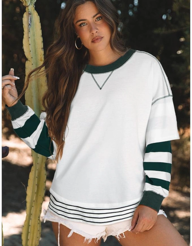 White Stripe Colorblock Sleeve Exposed Seam Fake-2-Piece Sweatshirt