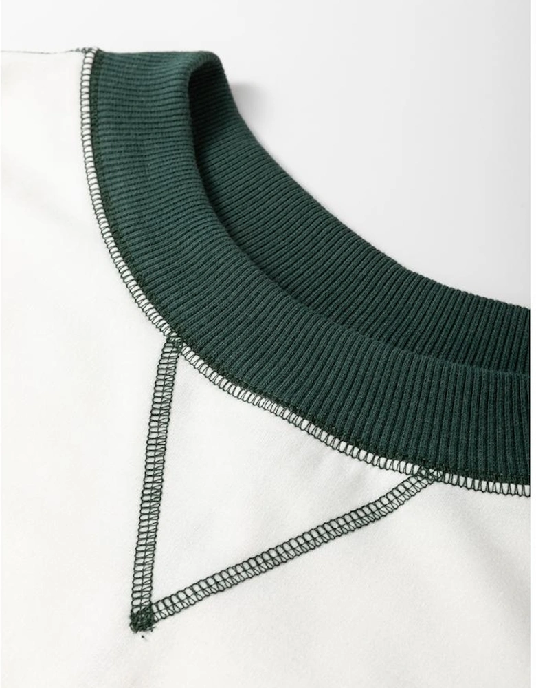 White Stripe Colorblock Sleeve Exposed Seam Fake-2-Piece Sweatshirt