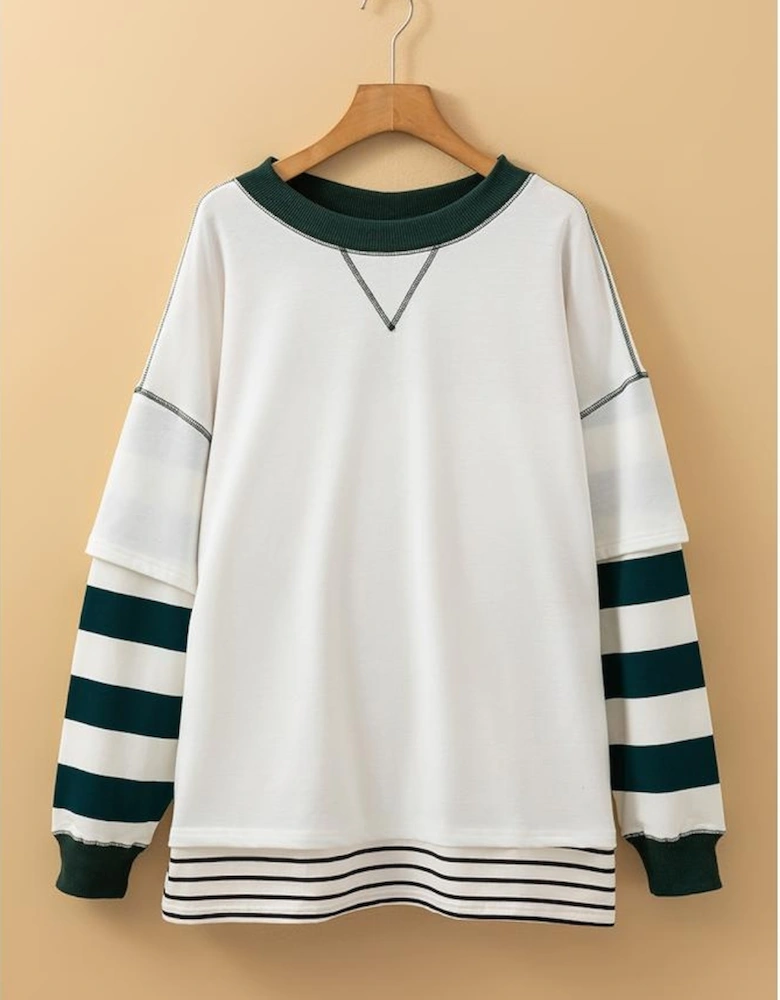 White Stripe Colorblock Sleeve Exposed Seam Fake-2-Piece Sweatshirt