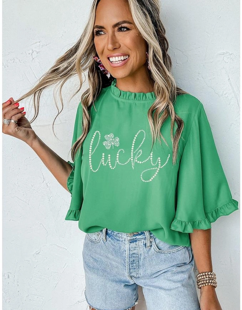 Green Ceramic Rhinstone lucky Clover Graphic Frilled Bell Sleeve Blouse