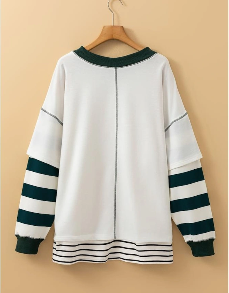 White Stripe Bowknot Patched Pattern Contrast Stitching Pullover Trendy Sweatshirt