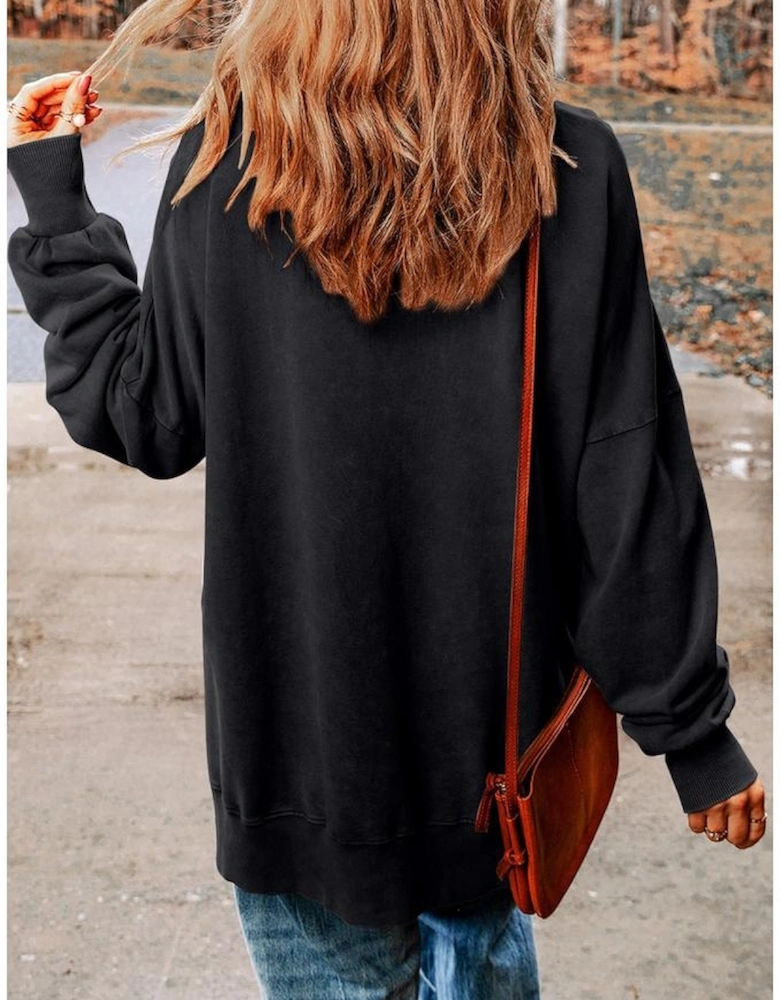 Black Drop Shoulder Ribbed Trim Oversized Sweatshirt