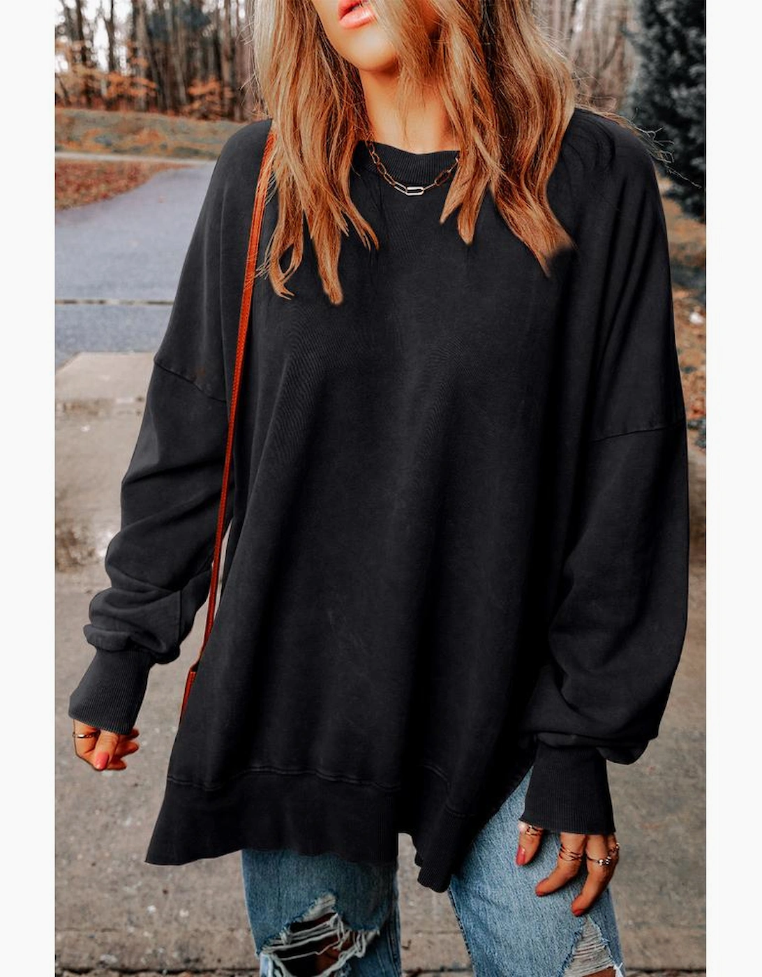 Black Drop Shoulder Ribbed Trim Oversized Sweatshirt, 12 of 11
