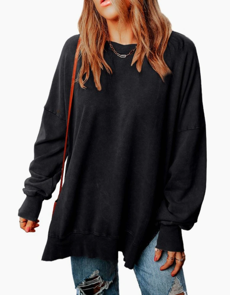 Black Drop Shoulder Ribbed Trim Oversized Sweatshirt