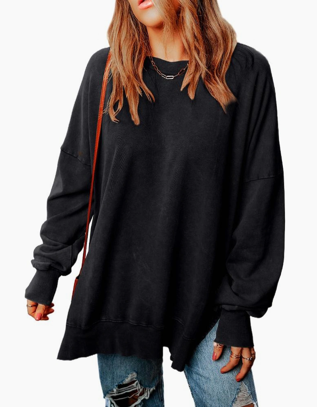 Black Drop Shoulder Ribbed Trim Oversized Sweatshirt