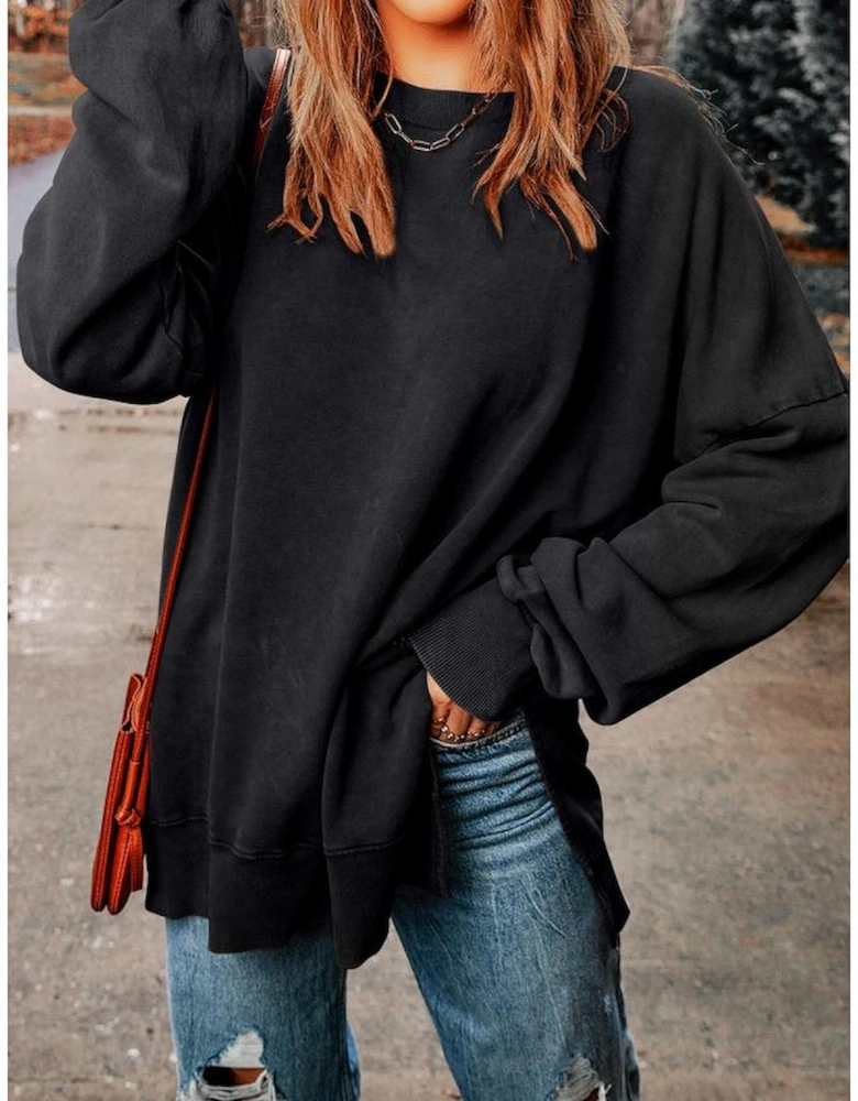 Black Drop Shoulder Ribbed Trim Oversized Sweatshirt