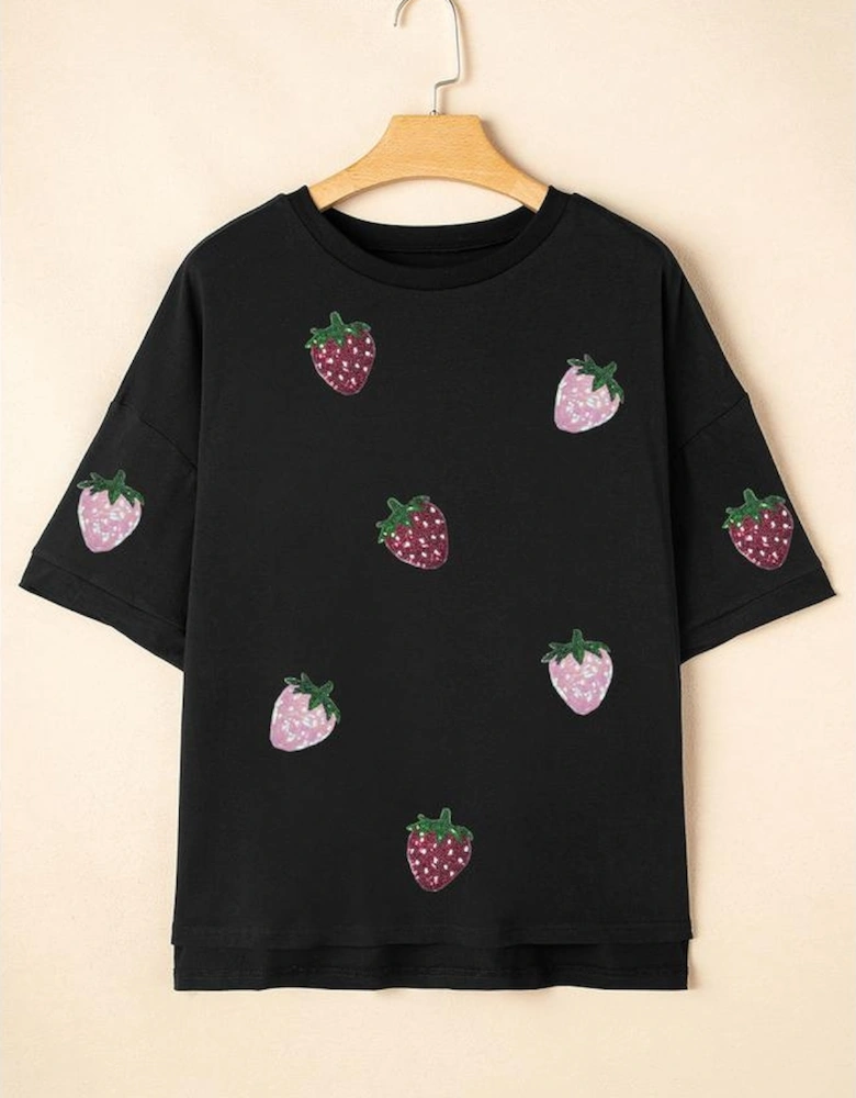 Black Sequin Strawberry Graphic High Low Relaxed Fit Tee